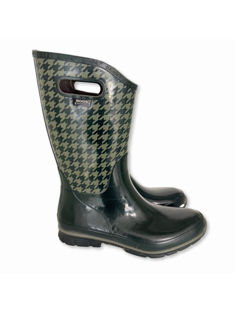 Bogs Wellington Tall Rubber Rain Boots Womens 11 Olive Green Berkley Houndstooth